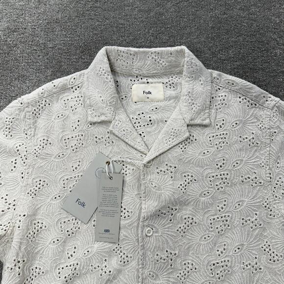 Folk Mens Broad SS Shirt M Natural Eyelet Embroidered Button Up Short Sleeve - Picture 1 of 9
